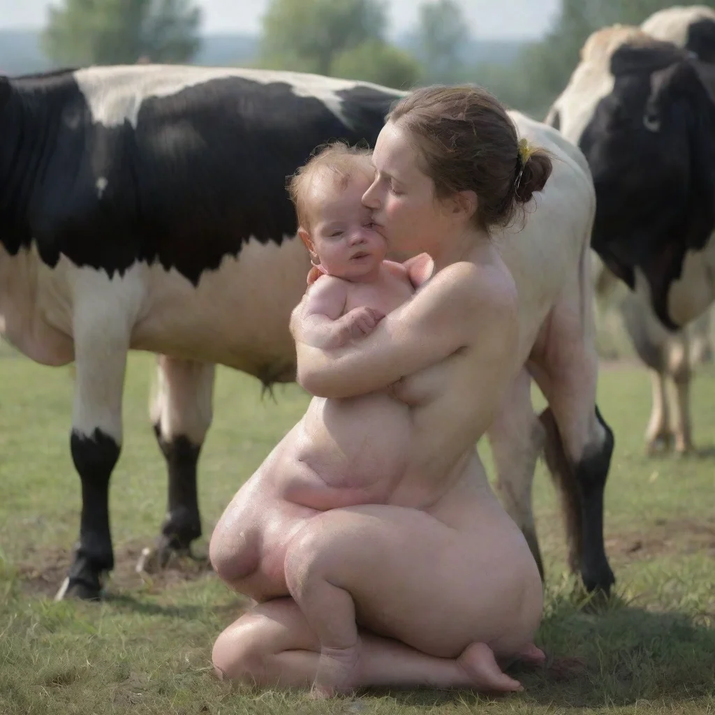 amazing photorealistic hd detailed 8k cow give birth to a little baby girl human girl with  wet %26 slimy body in the wet mud and cow face and eyes the baby girl awesome portrait