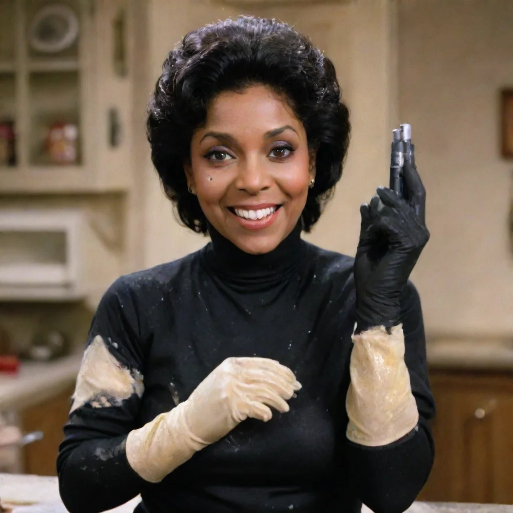 aiamazing phylicia rashad as clair huxtable from the cosby show smiling  with black deluxe edition nitrile gloves and gun and mayonnaise splattered everywhere awesome portrait 2
