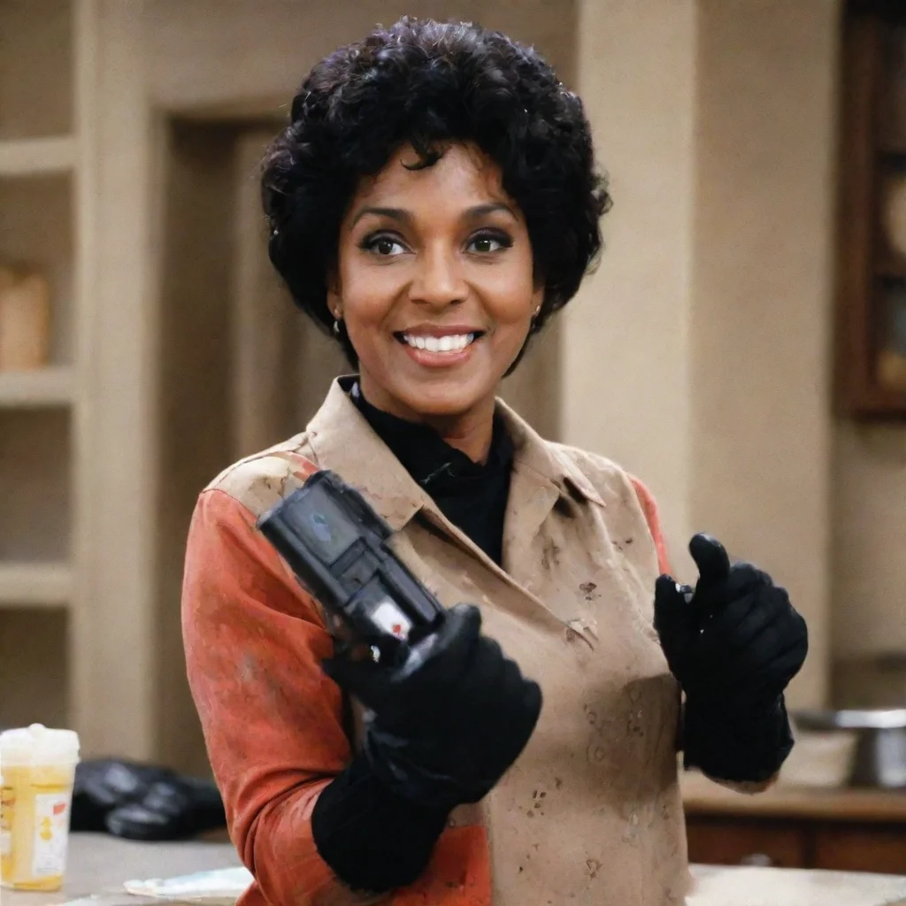 amazing phylicia rashad as clair huxtable from the cosby show smiling  with black medical nitrile gloves and gun and mayonnaise splattered everywhere awesome portrait 2