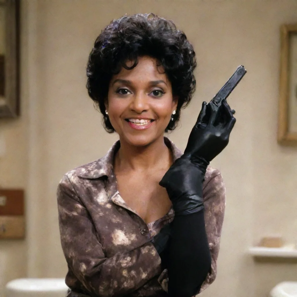 amazing phylicia rashad as clair huxtable from the cosby show smiling  with black nitrile gloves and gun and mayonnaise splattered everywhere awesome portrait 2
