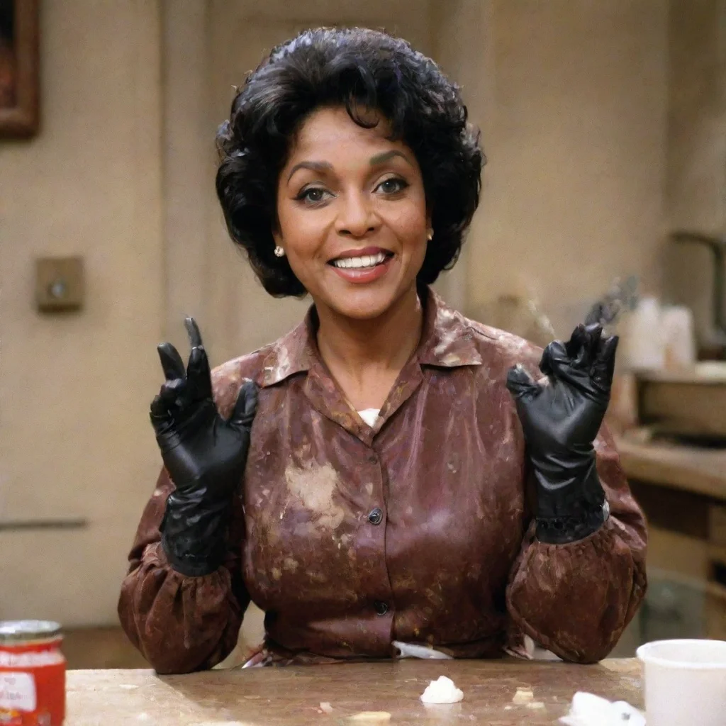 amazing phylicia rashad as clair huxtable from the cosby show smiling  with black tough nitrile gloves and gun and mayonnaise splattered everywhere awesome portrait 2