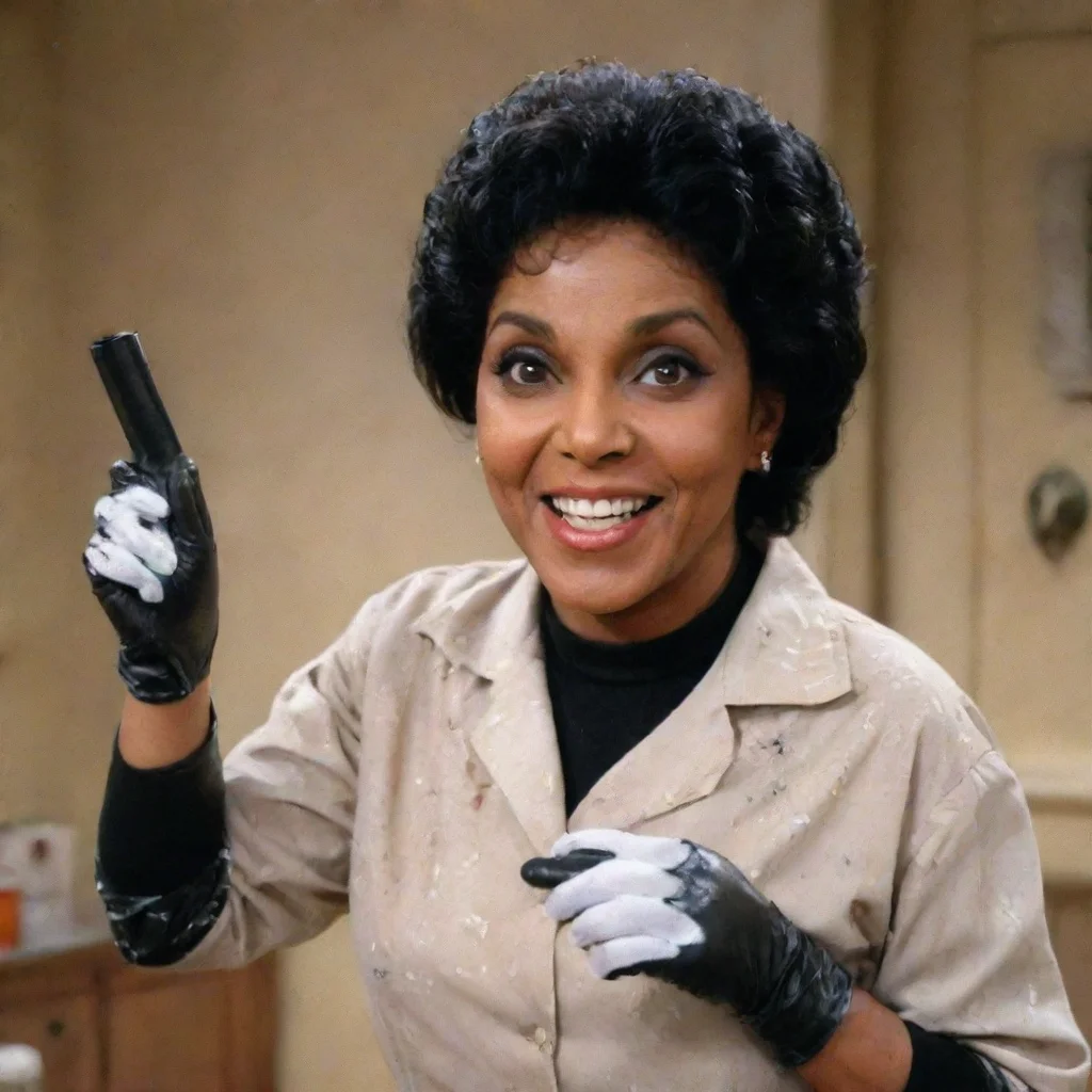 amazing phylicia rashad as clair huxtable from the cosby show smiling  with black ultra nitrile gloves and gun and mayonnaise splattered everywhere awesome portrait 2