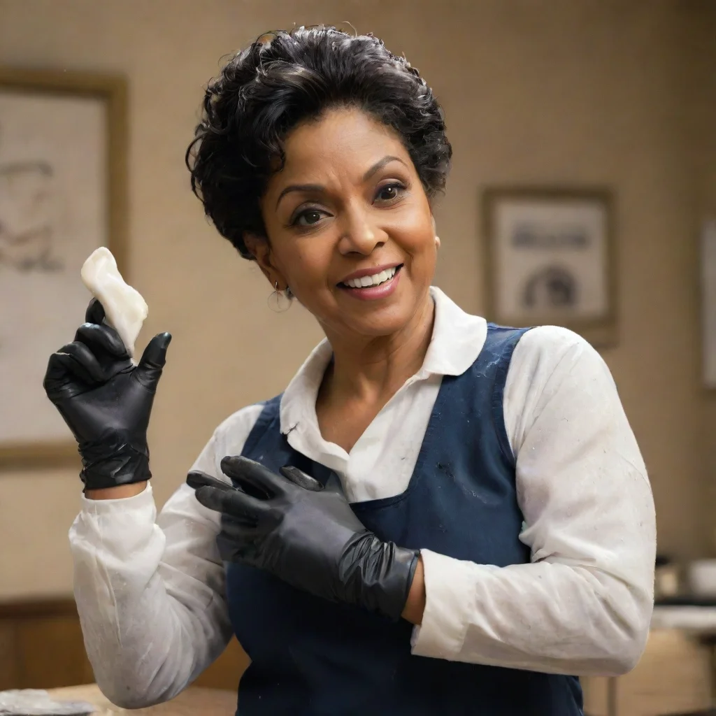 amazing phylicia rashad from creed movie smiling  with black nice nitrile gloves and gun and mayonnaise splattered everywhere awesome portrait 2