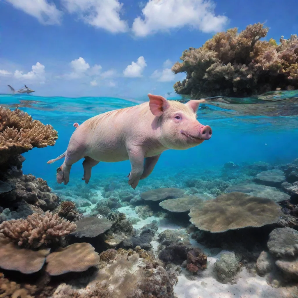 aiamazing pig on top dolphin near a coral reef by the beach awesome portrait 2
