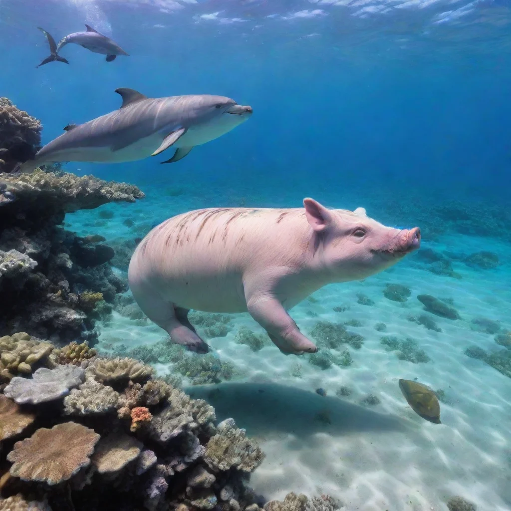 aiamazing pig rides dolphin near a coral reef by the beach awesome portrait 2