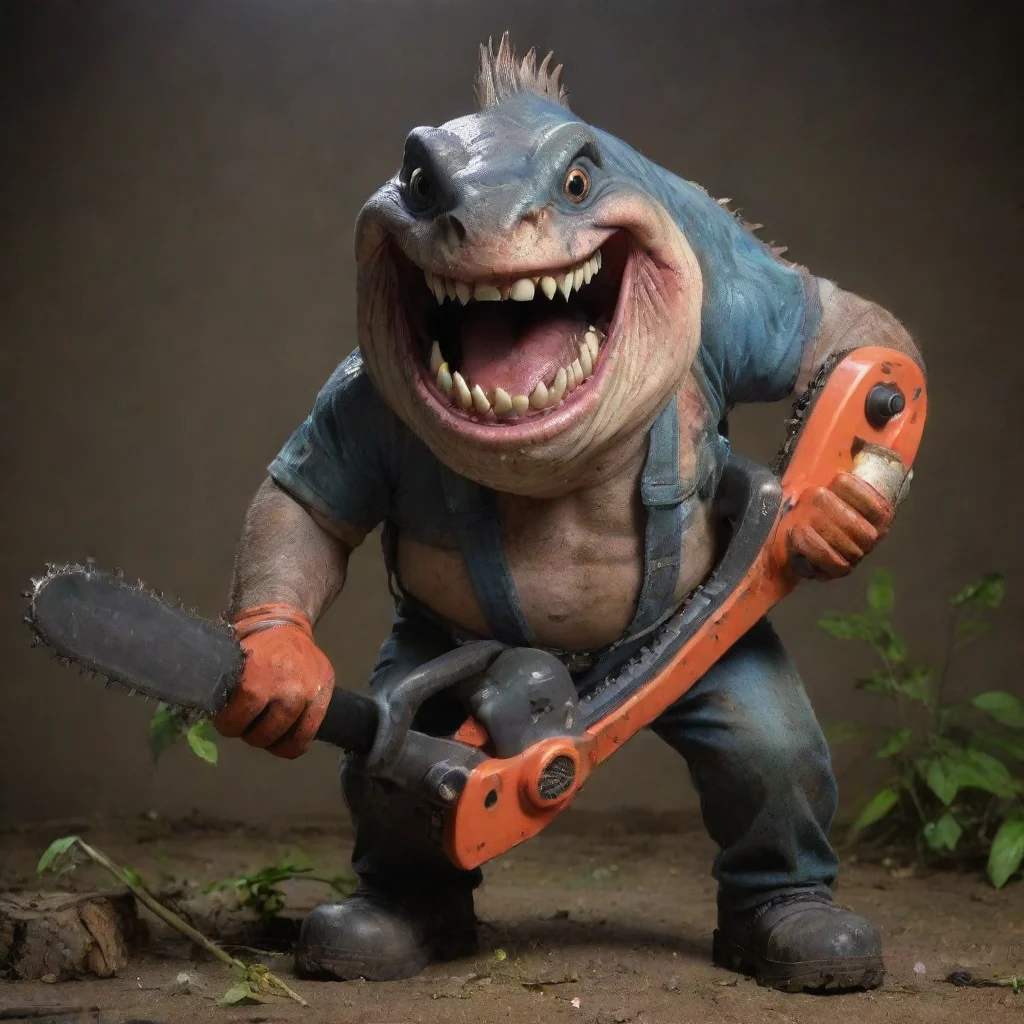 aiamazing piranha with big psyco smile holding a chainsaw awesome portrait 2