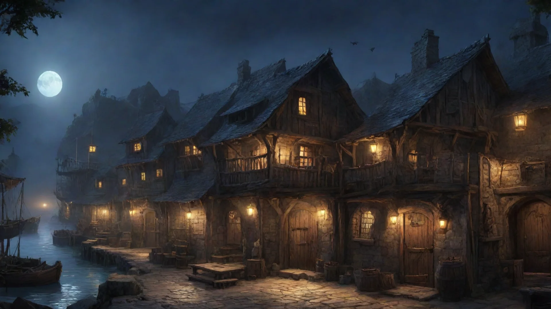 aiamazing pirate village by night concept art%2C pub%2C prison awesome portrait 2 wide