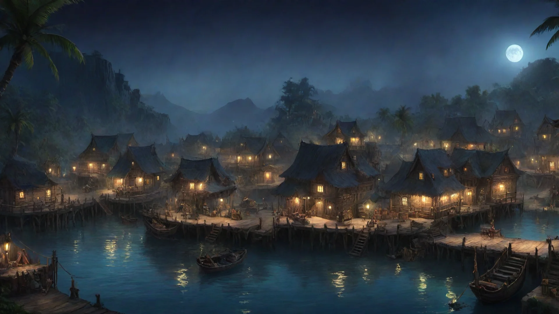 amazing pirate village by night concept art awesome portrait 2 wide