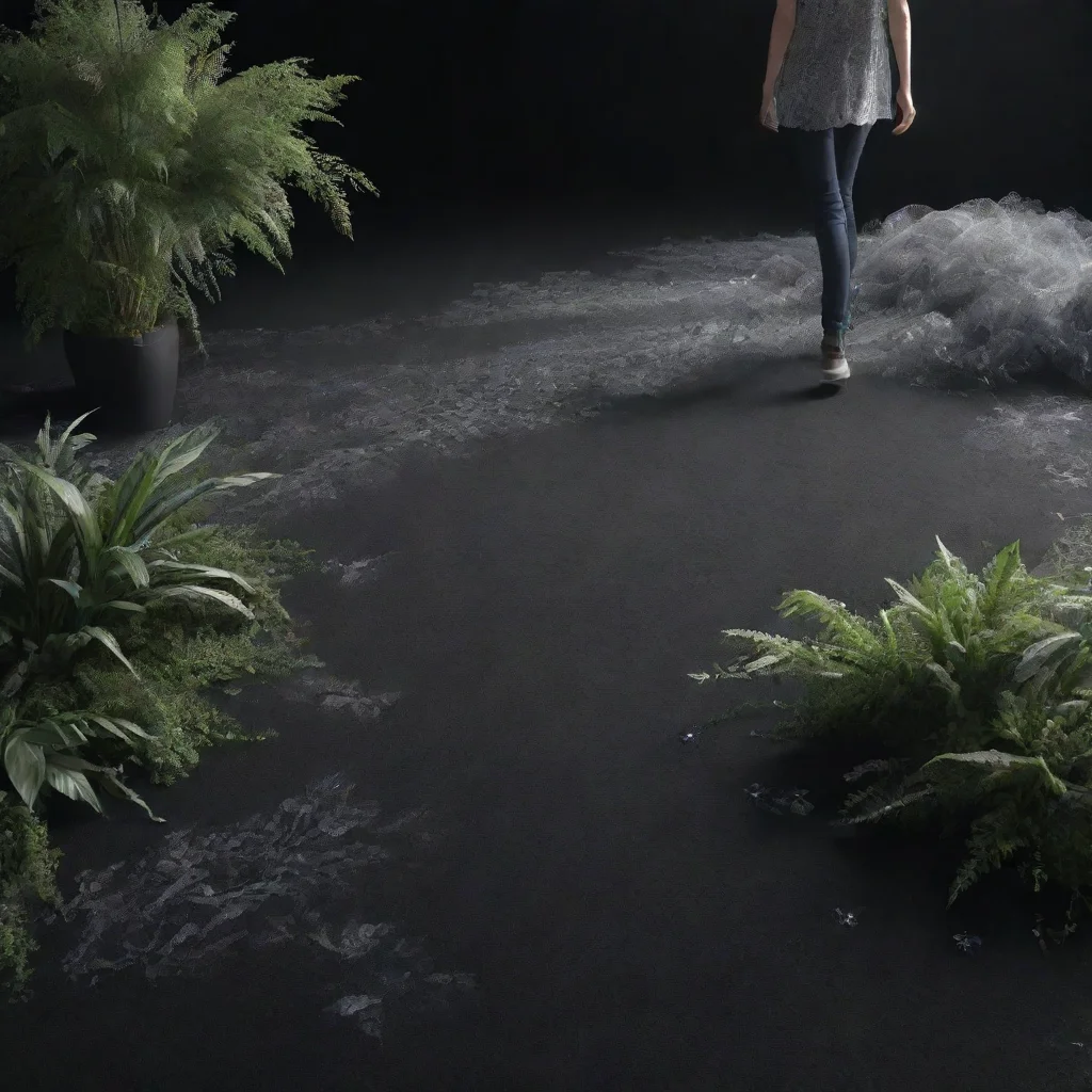 amazing point cloud data of human walking with flowing fabric andplants and crystals on floor  3d octane render  solid black bac awesome portrait 2