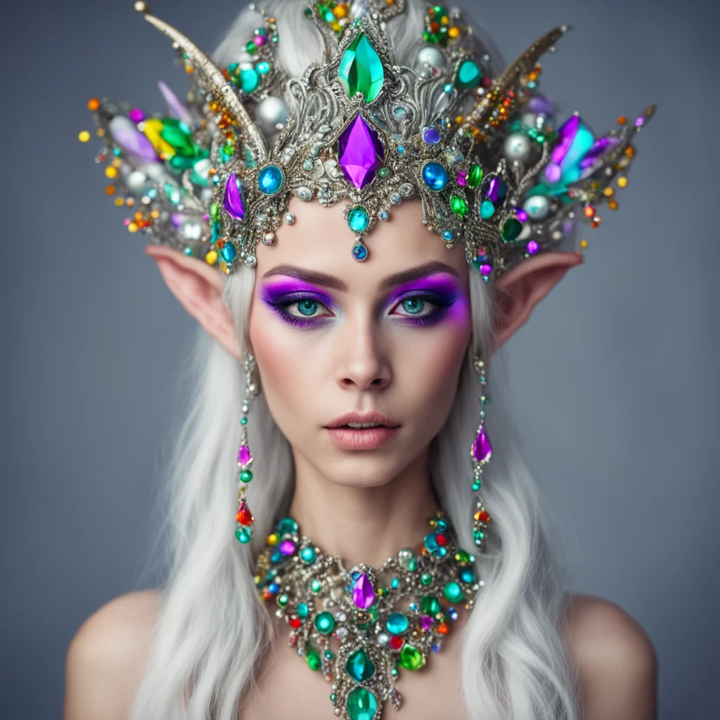 aiamazing portrait of a mysterious beautiful elf%2C female%2C with a strange silver headdress with plenty of multicolored jewels awesome portrait 2