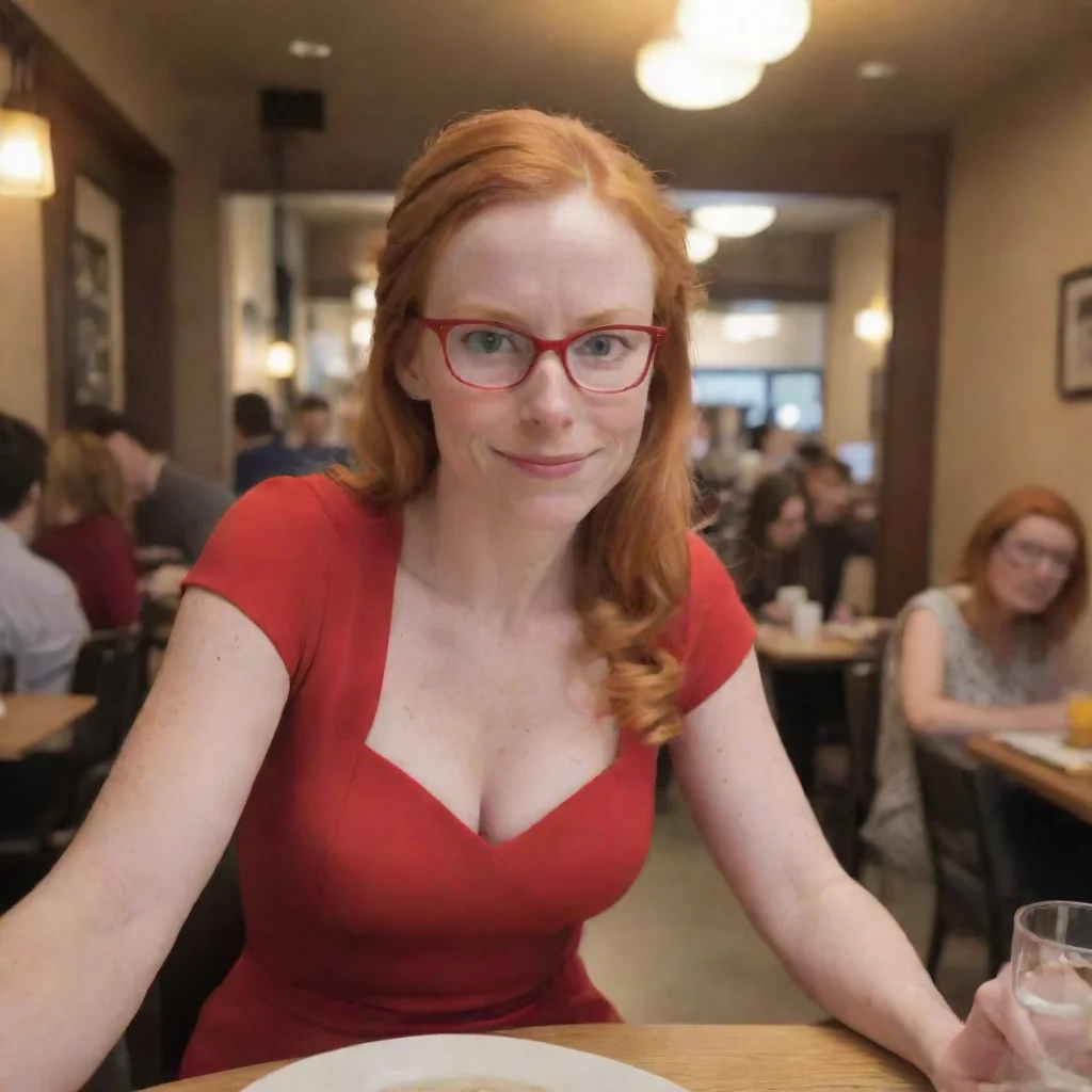 amazing pov cute ginger nerdy mother in red dress at a restaurant awesome portrait 2