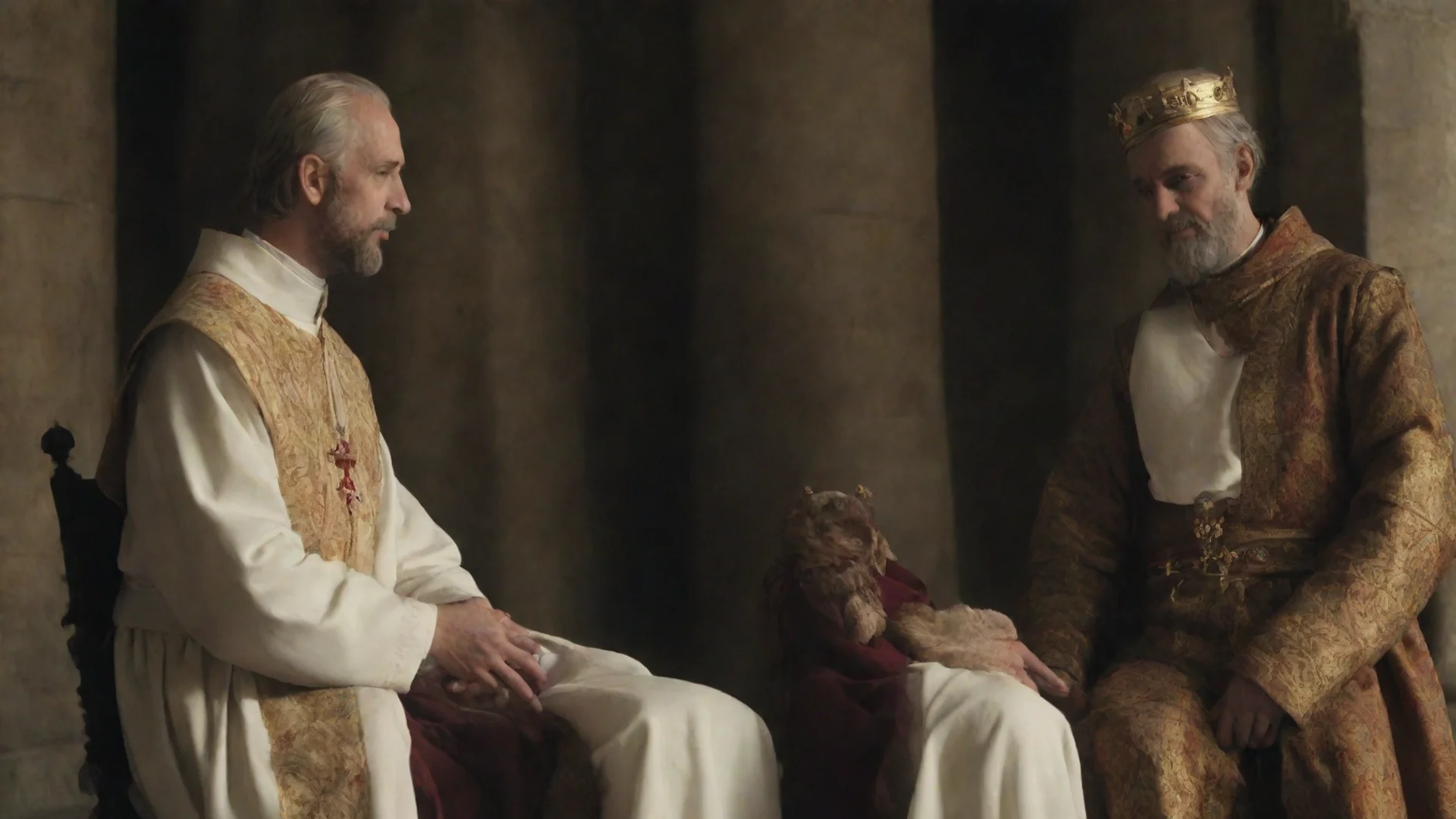 aiamazing priest and medieval king sit and talk  awesome portrait 2 wide