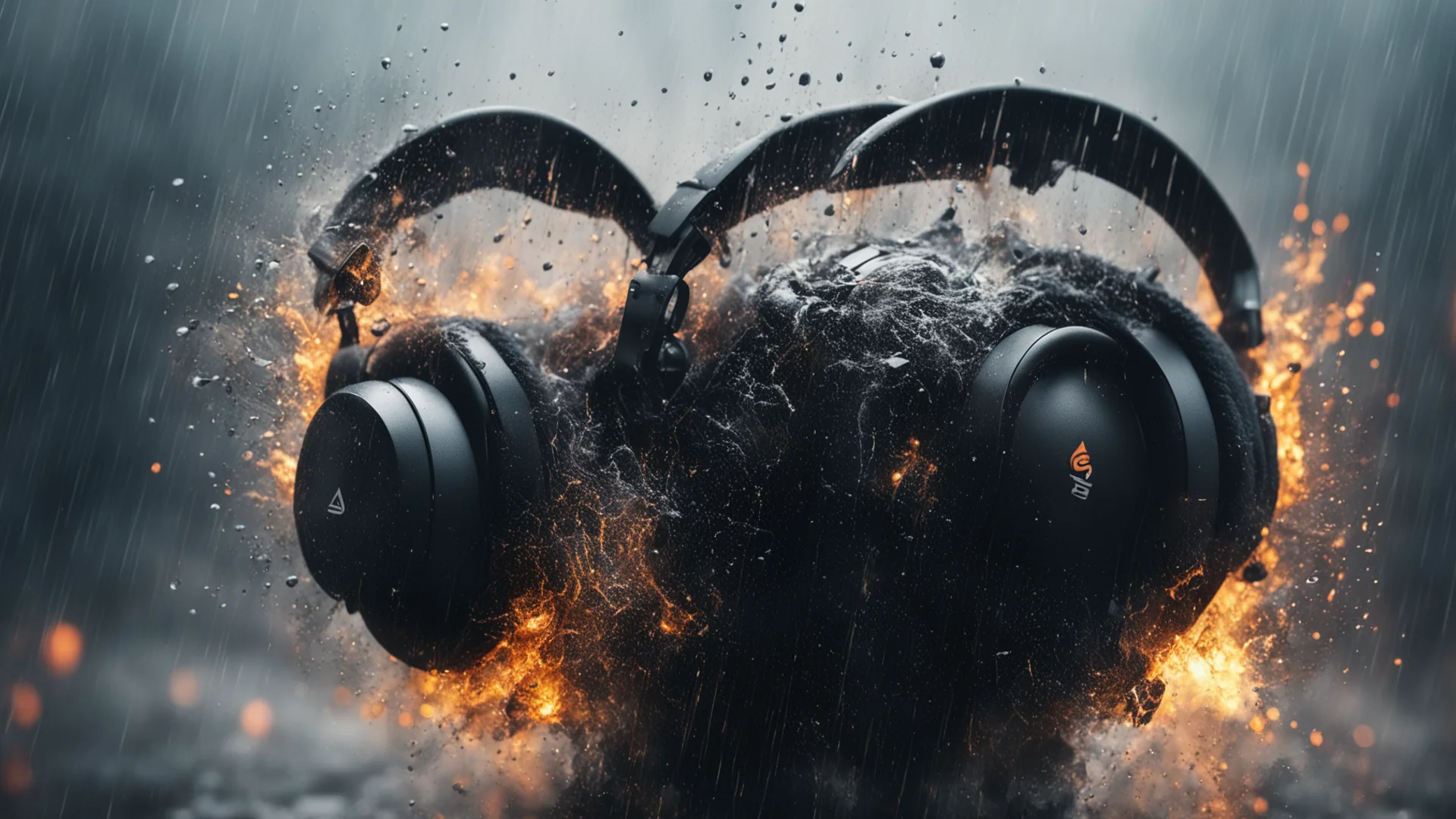 amazing product shot extreme bass boosted headphones exploding portrait surrounded by wet rain with cinematic light awesome portrait 2 wide