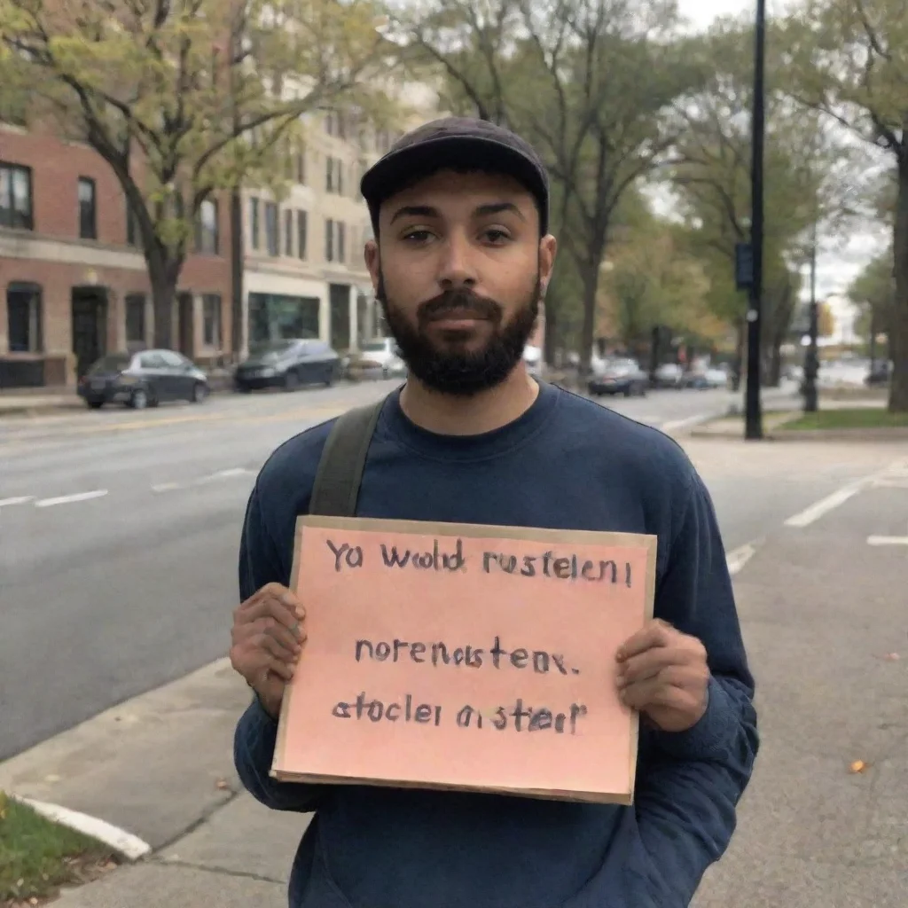 aiamazing prompt engineer sad that his images are getting stolen%2C holding a protest sign that says you wouldn%27t steal a stolen car awesome portrait 2