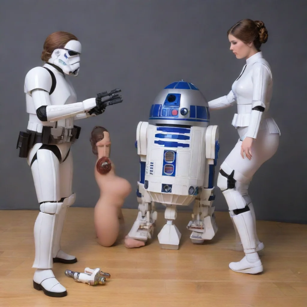 amazing r2d2 with a dildo attachment coming after princess leia while she is straddling a stormtrooper and han solo watches awesome portrait 2