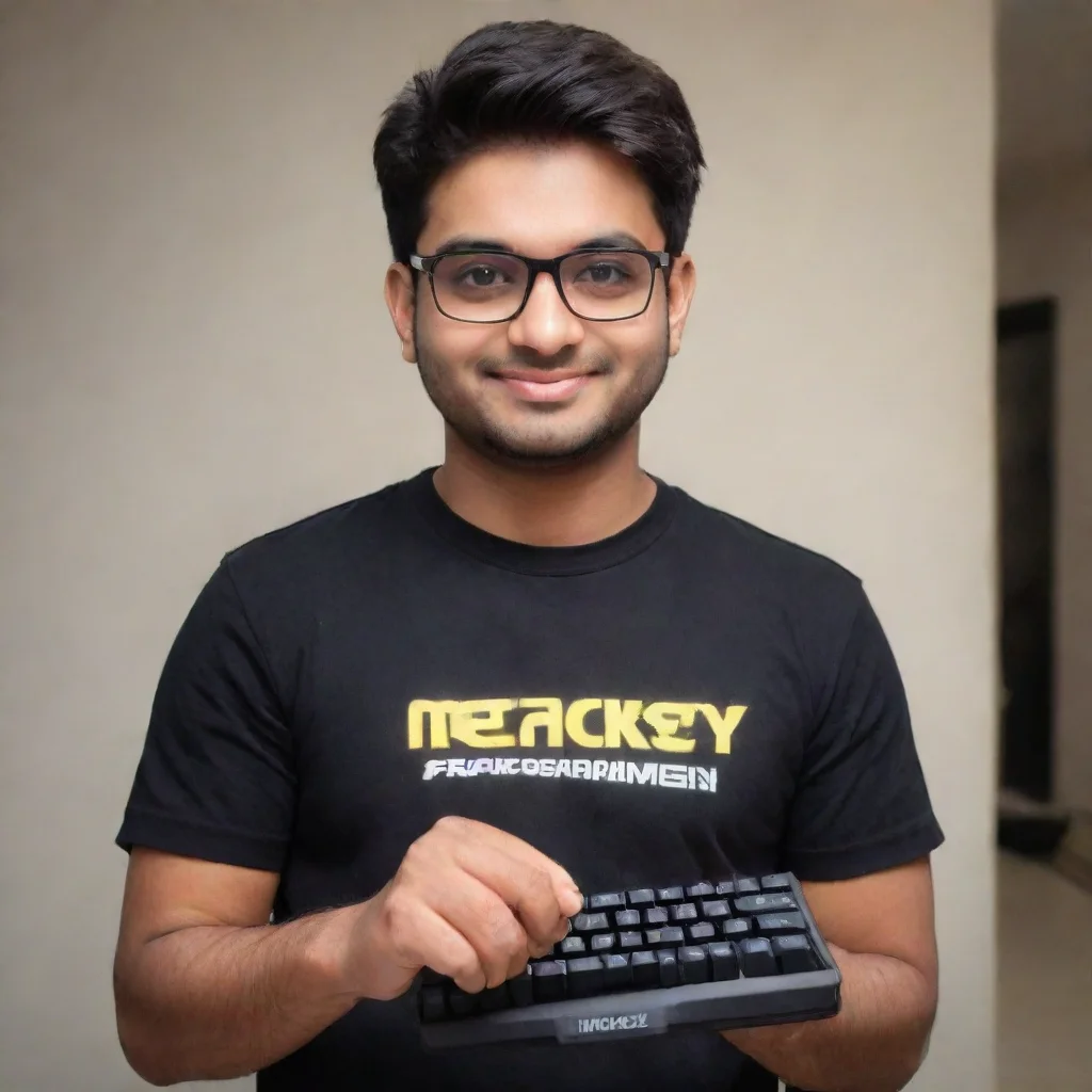 aiamazing rakazone gaming aka rishab karanwal holding a keybord with the brand name meckeys awesome portrait 2