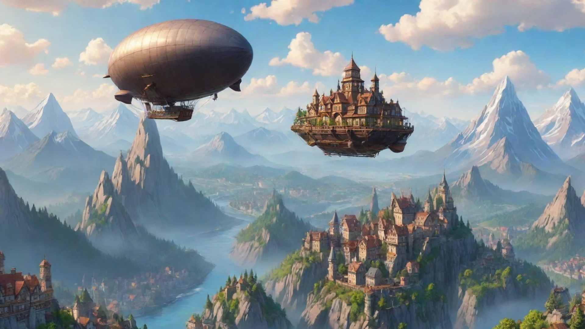 amazing realistic cartoon city flying airship mountain top relaxing calm hd aesthetic peace wide