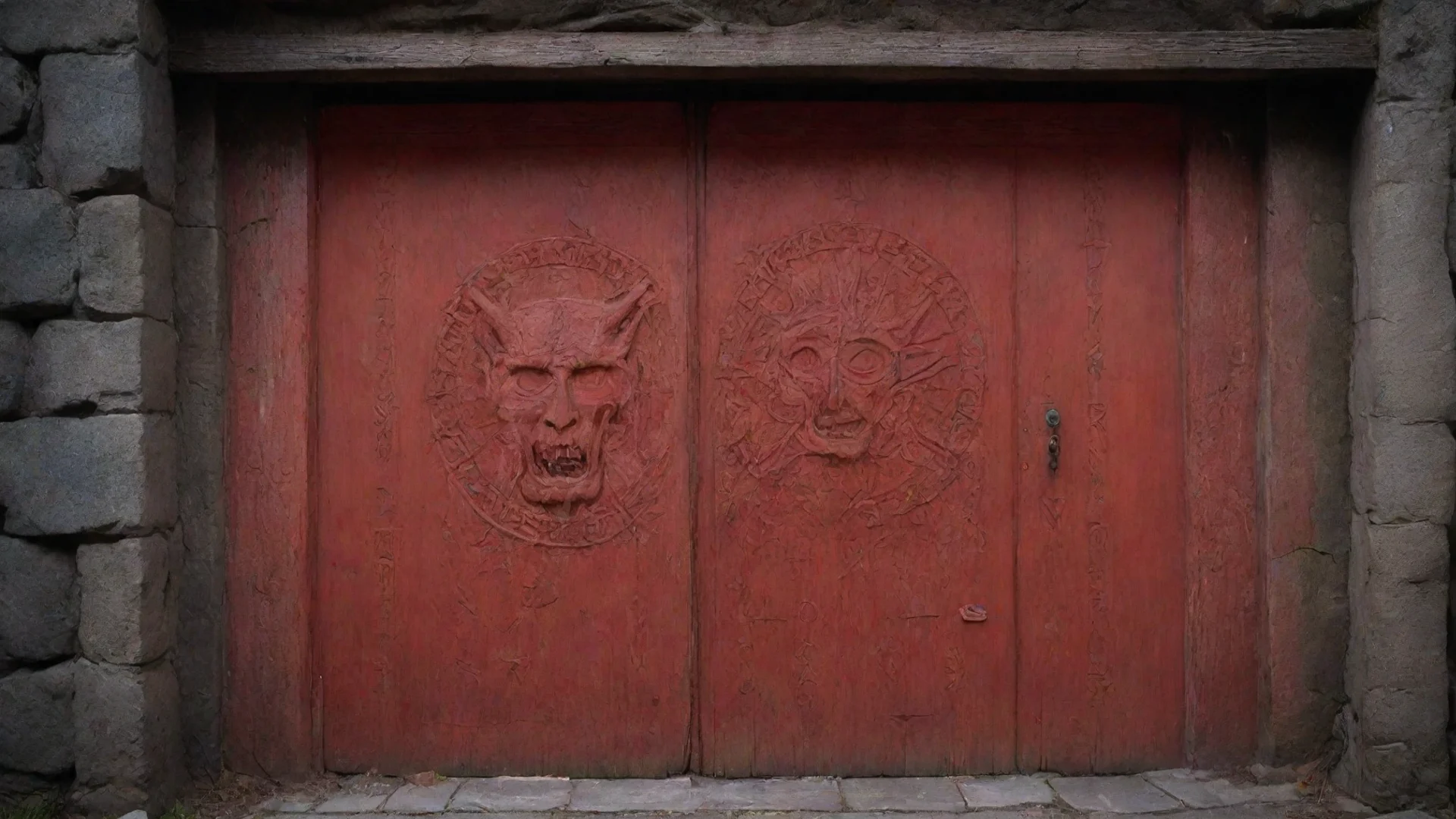 amazing rectangular glowing red door with demonic runes carved in the side awesome portrait 2 wide