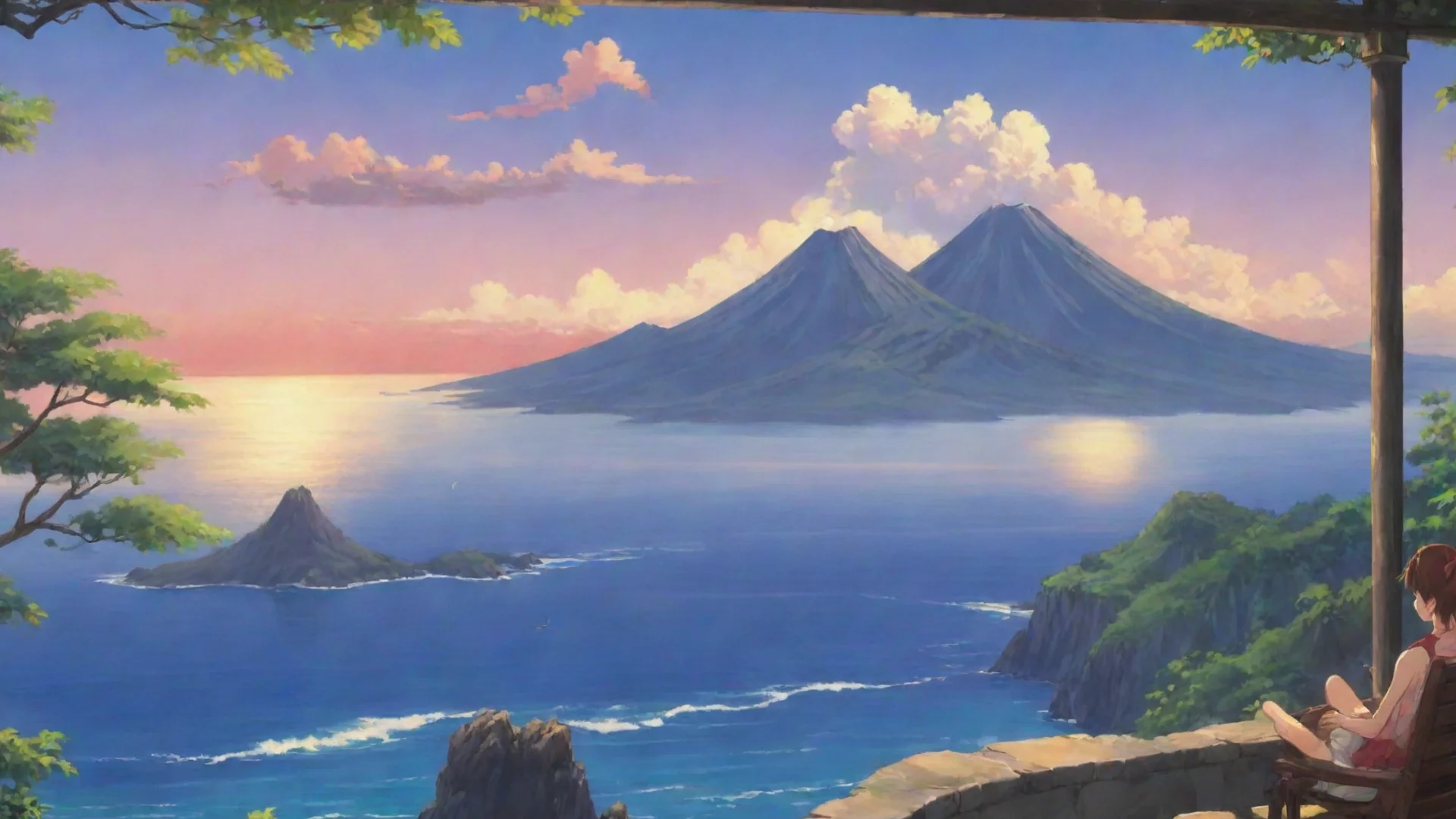 amazing relaxing anime scene serene lookout over ocean with volcano lovely awesome portrait 2 wide