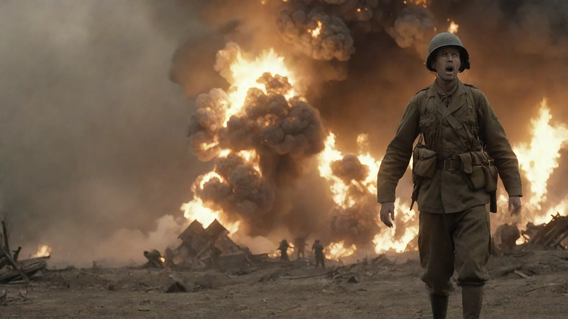 aiamazing res%3D16%3A9%2C ww2%2C explosion in the background and a terrified soldier in the front awesome portrait 2 wide