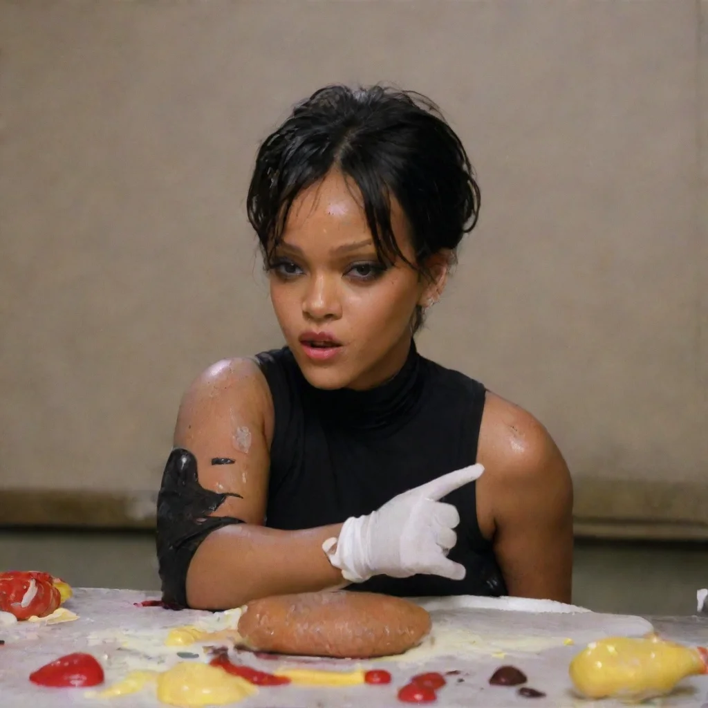 aiamazing rihanna  love the way you lie with black comfy  nitrile gloves and gun and mayonnaise splattered everywhere awesome portrait 2