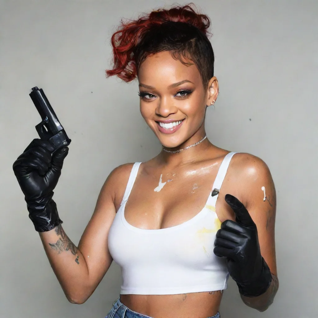 amazing rihanna  smiling  with black comfy  nitrile gloves and gun  and  mayonnaise splattered everywhere awesome portrait 2