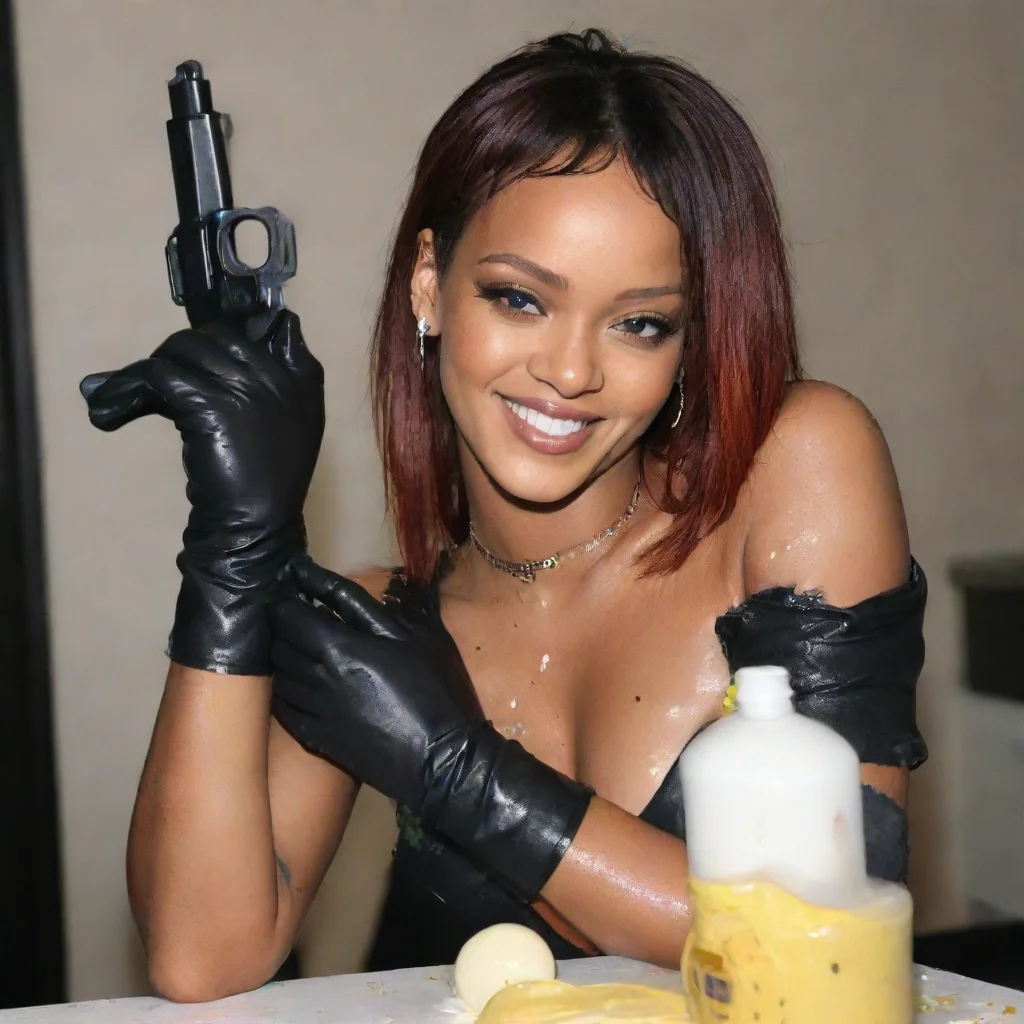 aiamazing rihanna  smiling  with black comfy nitrile gloves and gun  and  mayonnaise splattered everywhere awesome portrait 2
