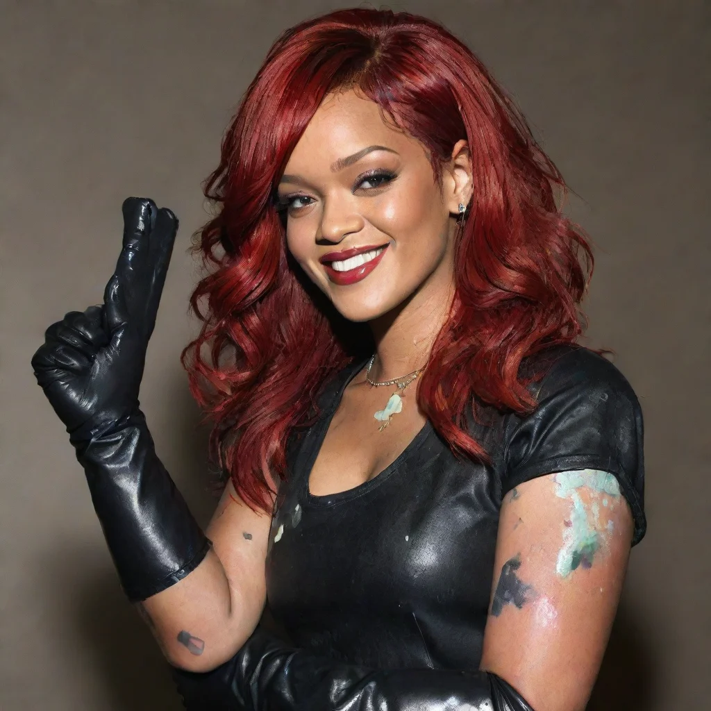 amazing rihanna red hair  smiling with black comfy nitrile gloves  and gun and mayonnaise splattered everywhere awesome portrait 2