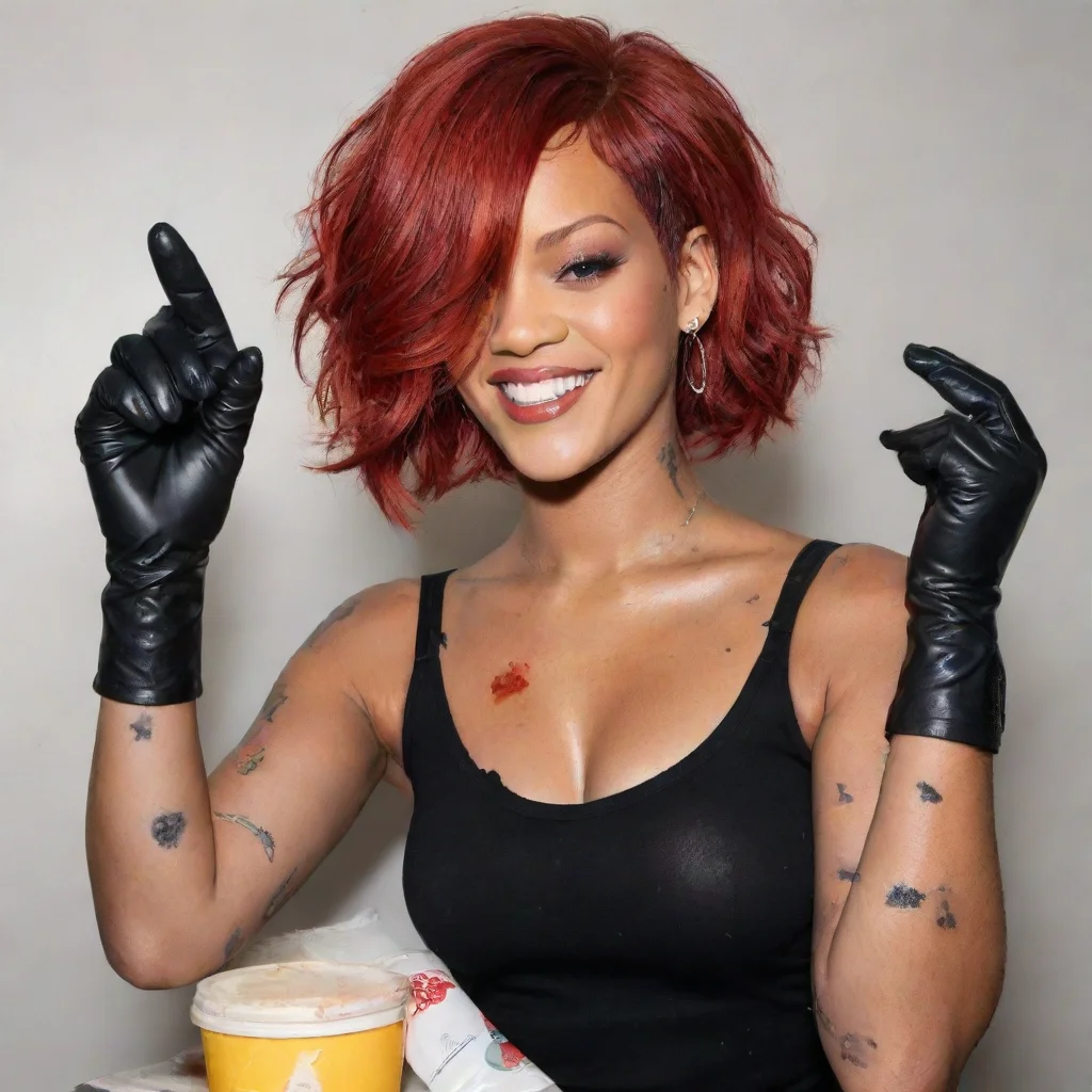 amazing rihanna red hair smiling with black comfy  nitrile gloves and gun and mayonnaise splattered everywhere awesome portrait 2