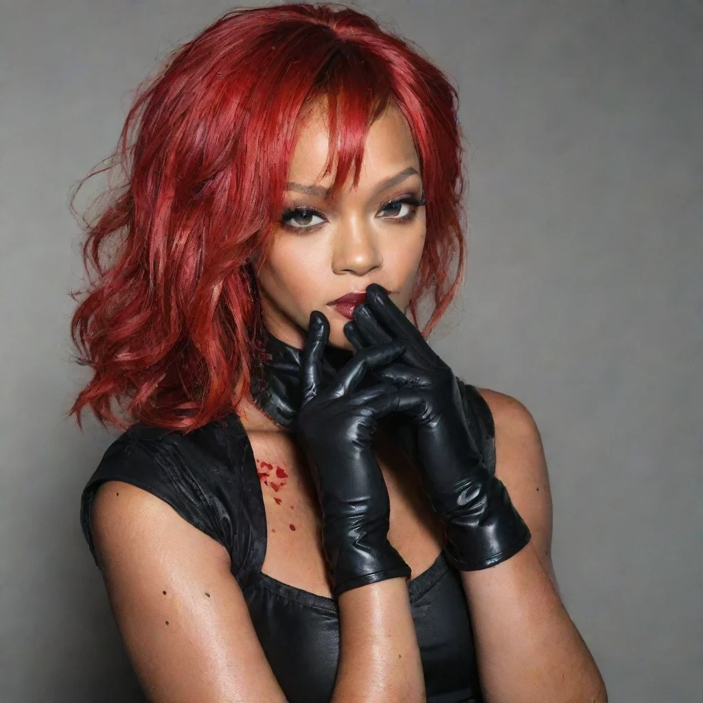 aiamazing rihanna red hair with black comfy  nitrile gloves and gun and mayonnaise splattered everywhere awesome portrait 2