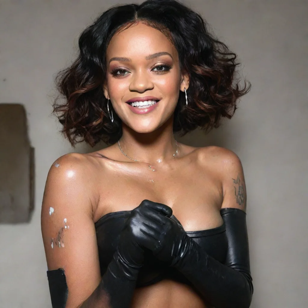 amazing rihanna smiling  with black nitrile gloves and gun and mayonnaise splattered everywhere awesome portrait 2