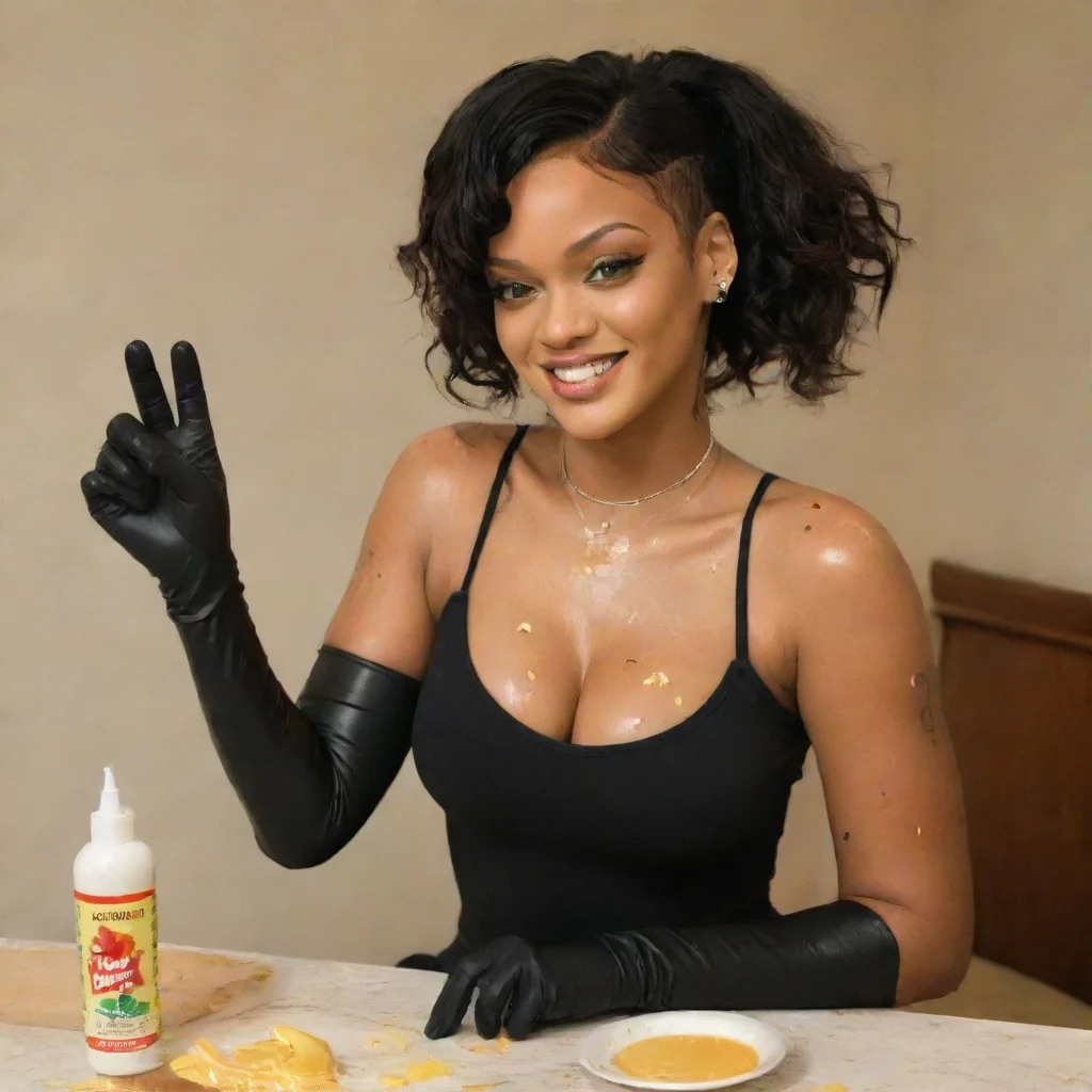 amazing rihanna wild thoughts smiling  with black comfy nitrile gloves and gun  and  mayonnaise splattered everywhere awesome portrait 2