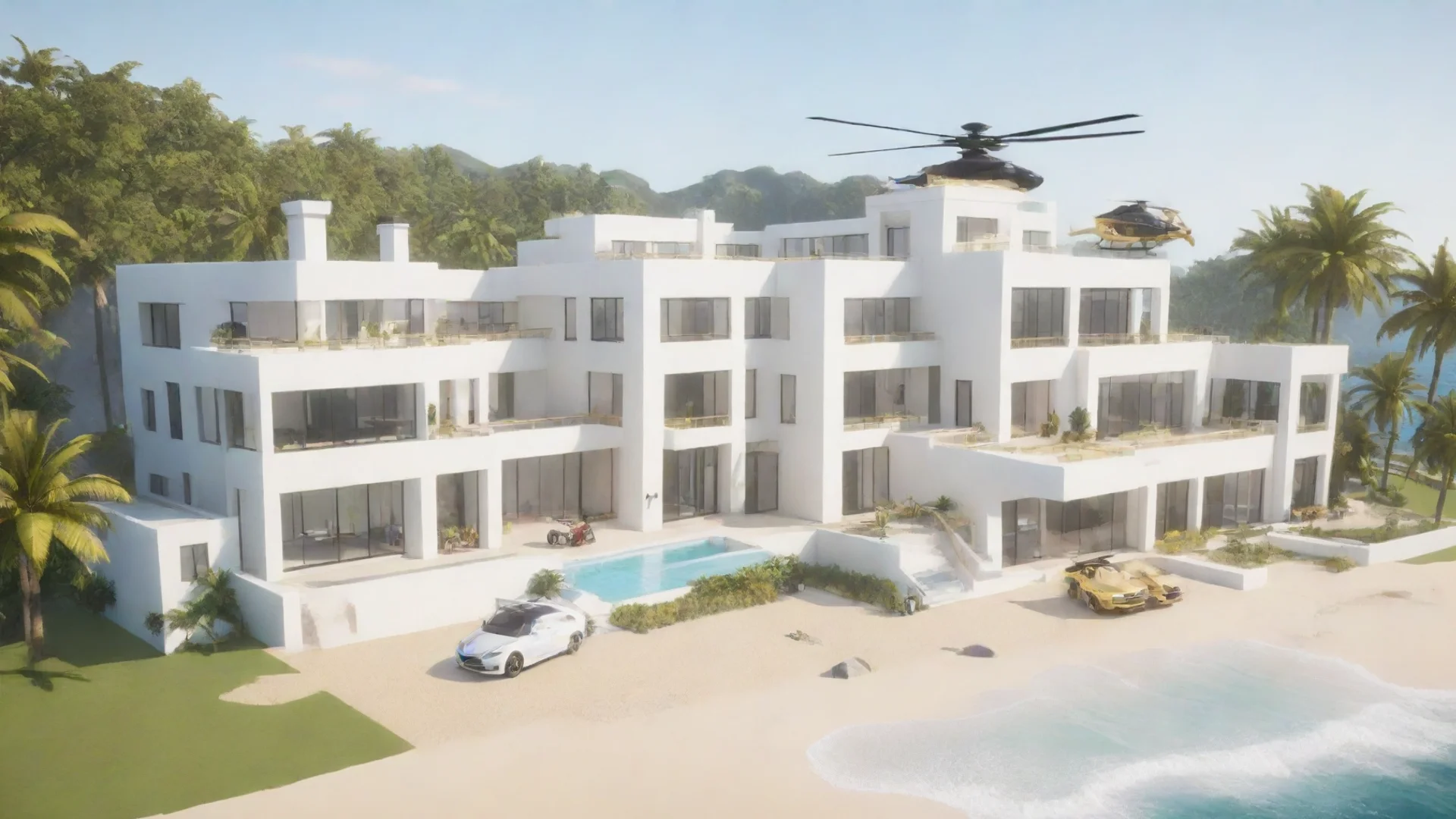 amazing roblox white modern mansion in a beach background with gold car in center and black helicopter awesome portrait 2 wide