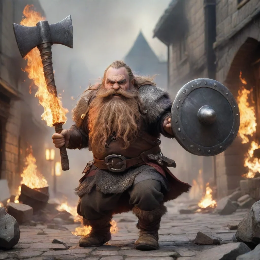 aiamazing running dwarf with plate mail and long beard%2C with a big battle axe. flaming city on background awesome portrait 2