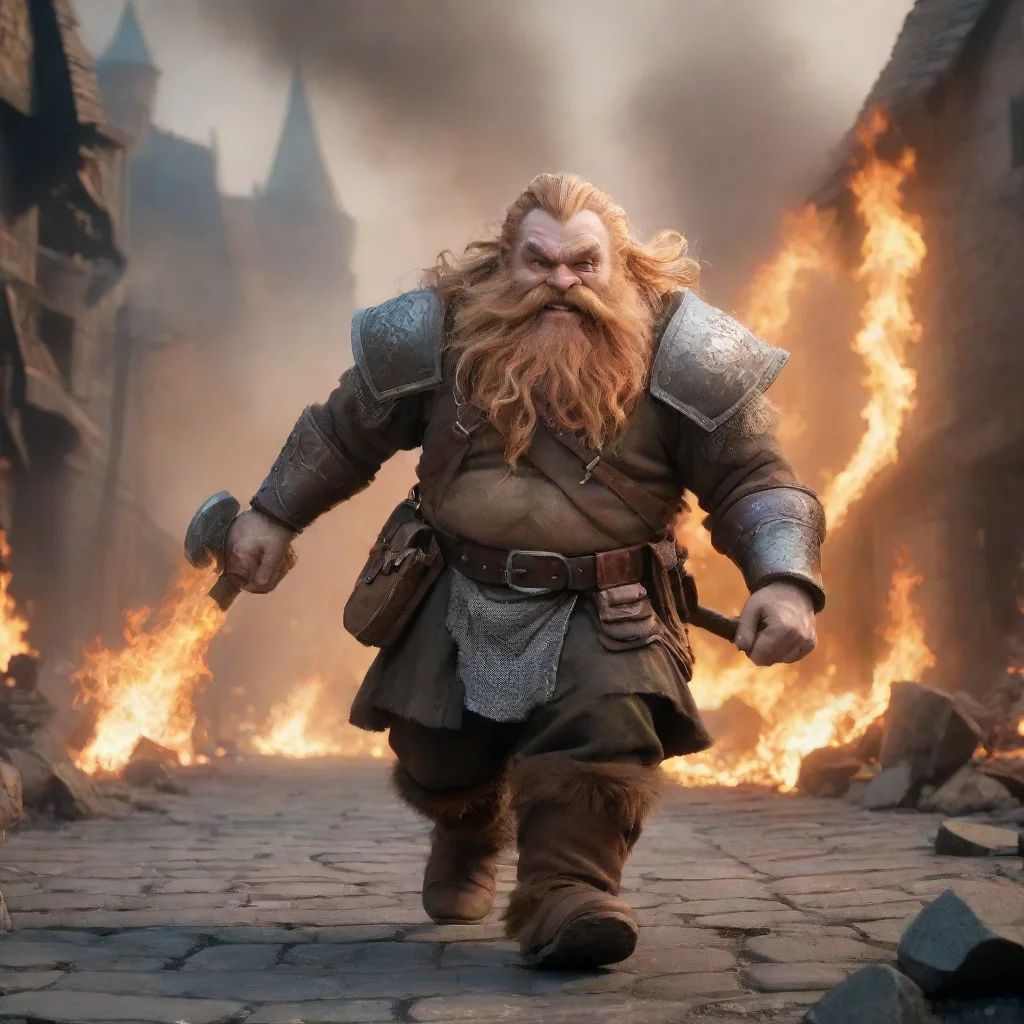 aiamazing running dwarf with plate mail and long beard%2C with a big battle axe. flaming city on background. image from behind awesome portrait 2