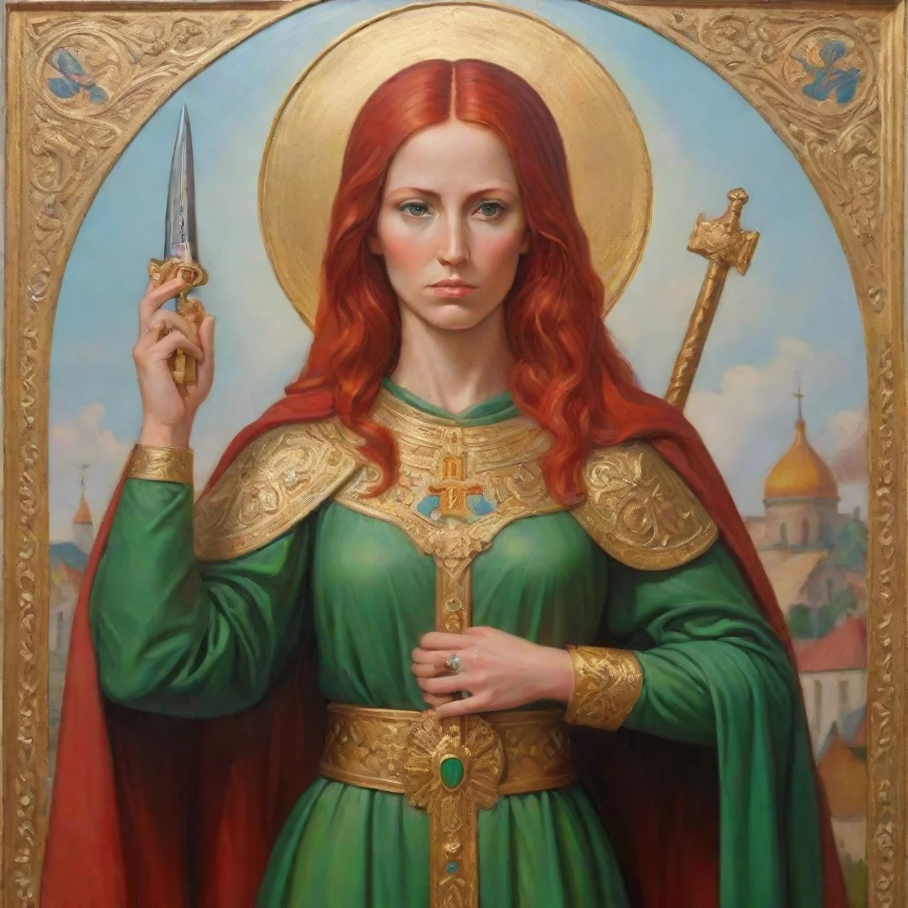 aiamazing saint javelin protector of ukraine religious icon%2C female with red hair and green robes holding a gold gun awesome portrait 2