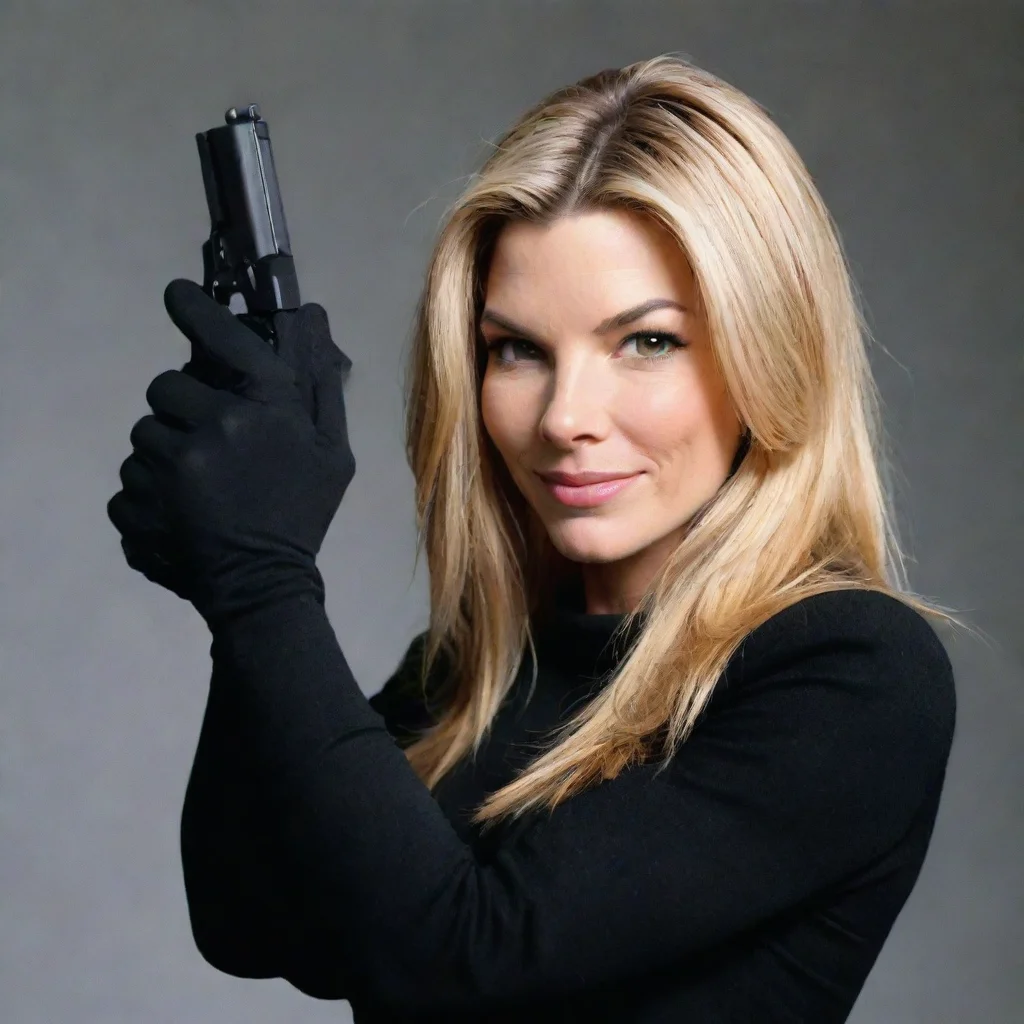 amazing sandra annette bullock blonde hair smiling   with black gloves and gun shooting   mayonnaise awesome portrait 2