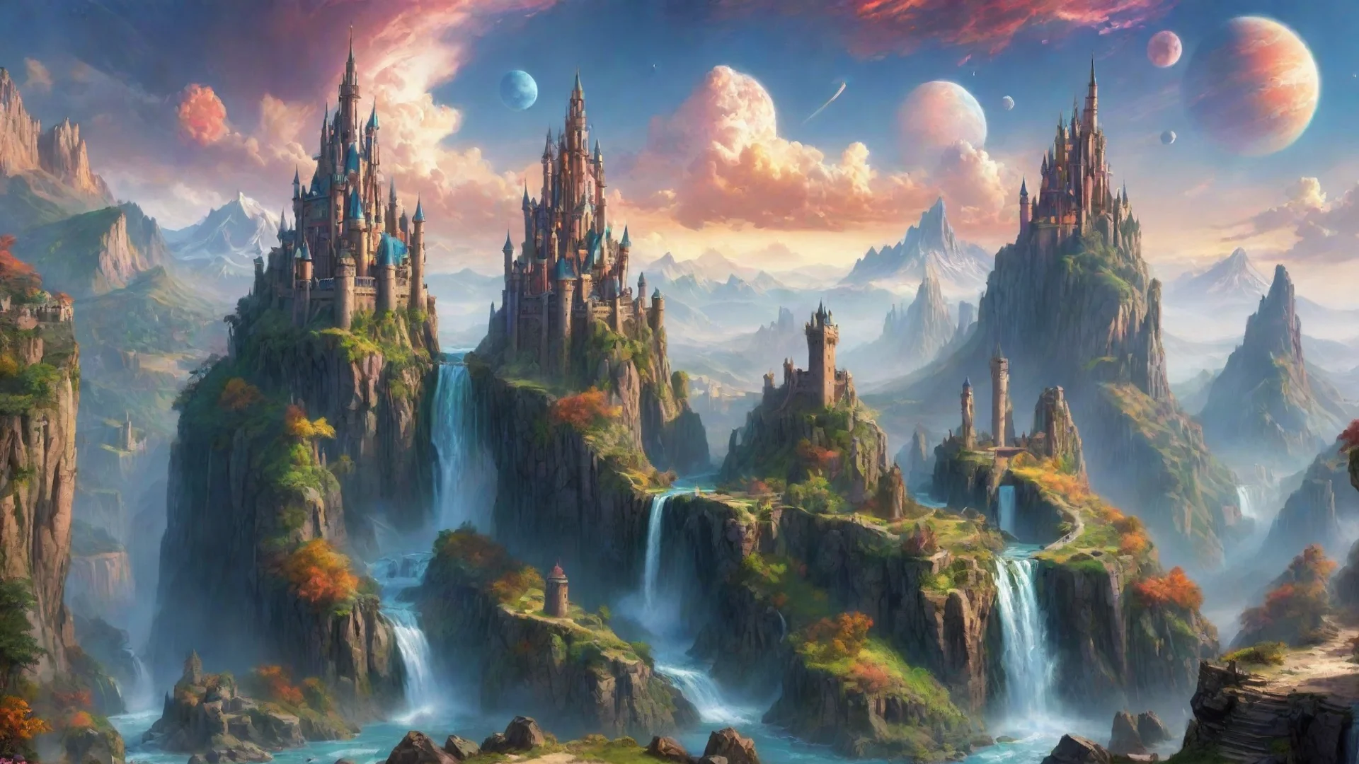 amazing scenery hd detailed colorful planets in sky realistic castles spiral towers high cliffs waterfalls beautiful wonderful aesthetic wide