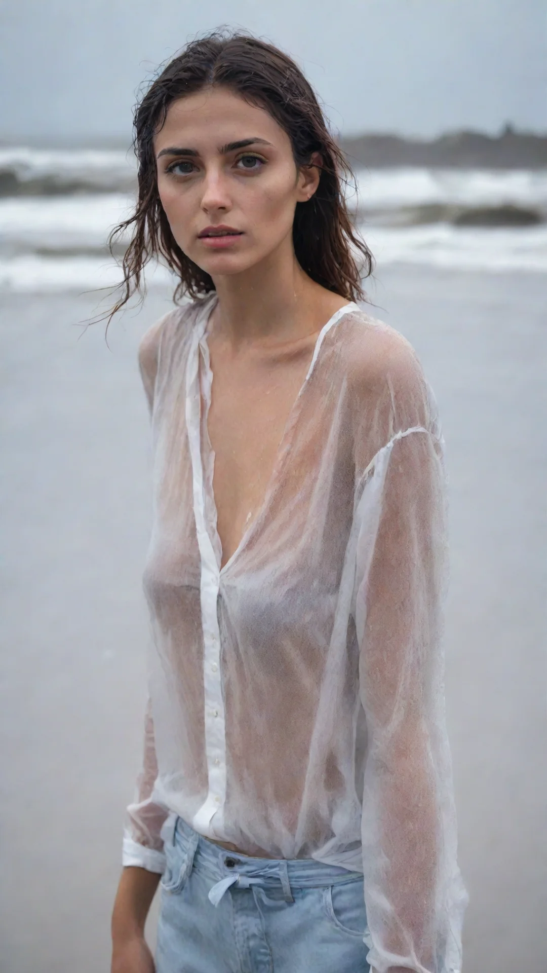 aiamazing sensual portrait of a lonely young italian woman in a thin transparent white shirt at a wet and rainy beach good looking trending fantastic 1 awesome portrait 2 tall