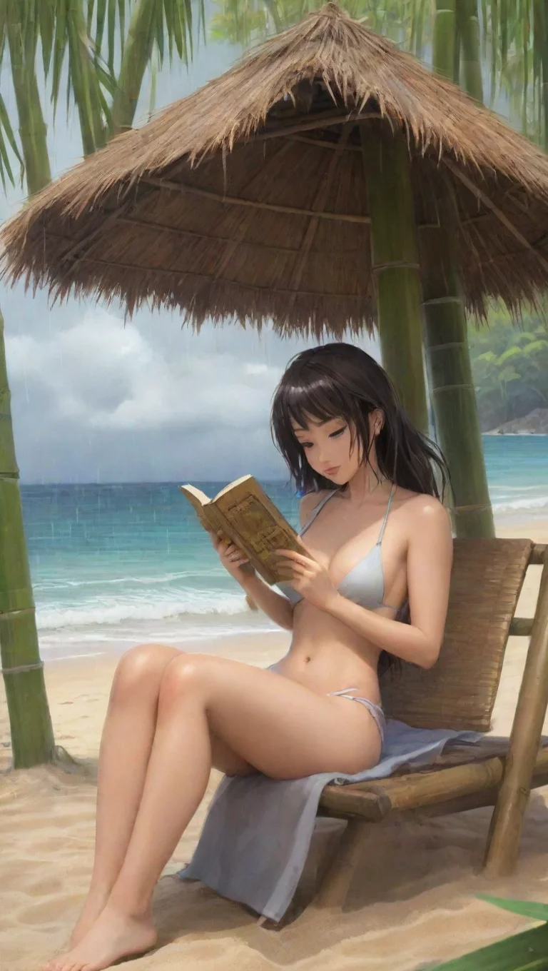 amazing sexy anime cartoon woman that is reading a book while in a bamboo caban a on the beach while its raining. she is wearing a bikini top and jean shorts awesome portrait 2 tall