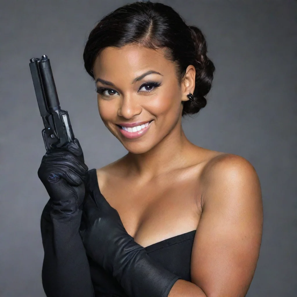 amazing shalita grant actress from  ncis special agent  smiling with black gloves and gun awesome portrait 2
