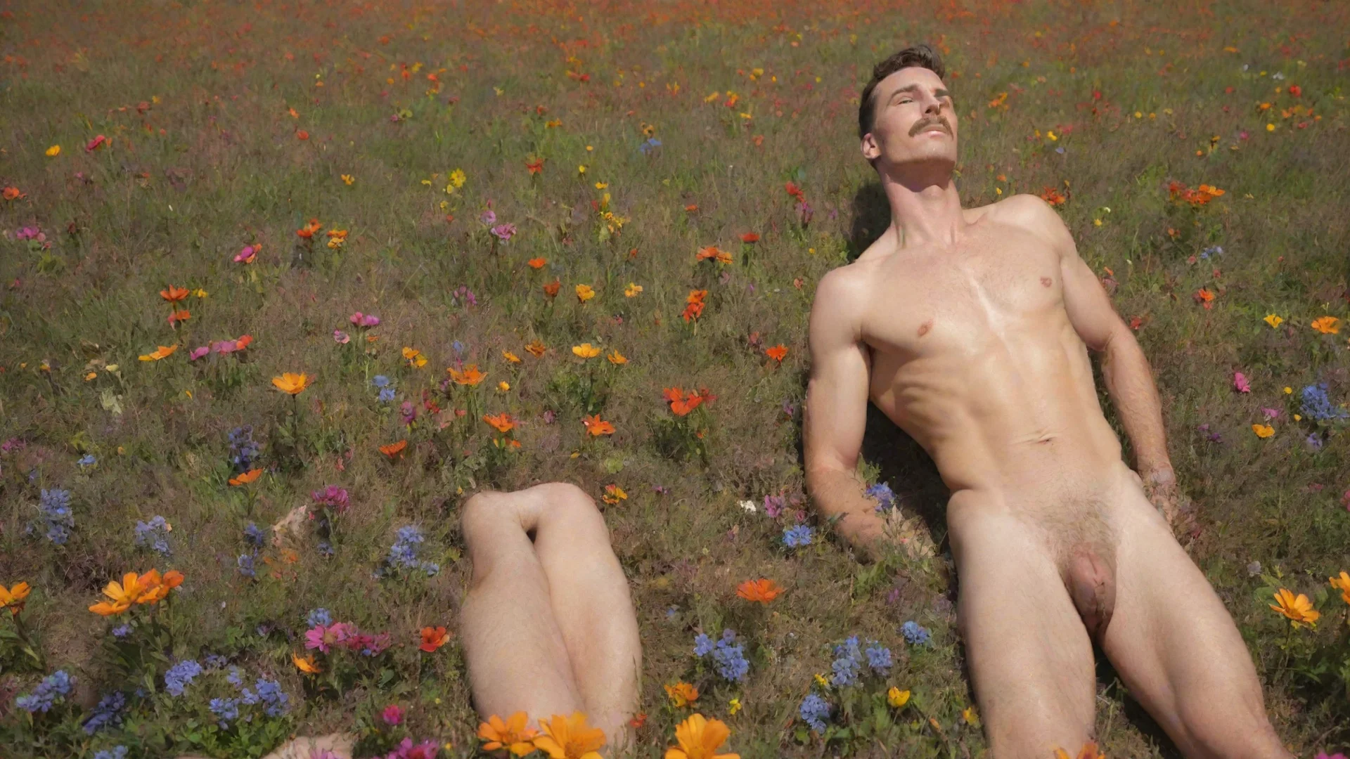 amazing shirtless man lying floor in colorful meadow tom of finland style awesome portrait 2 wide