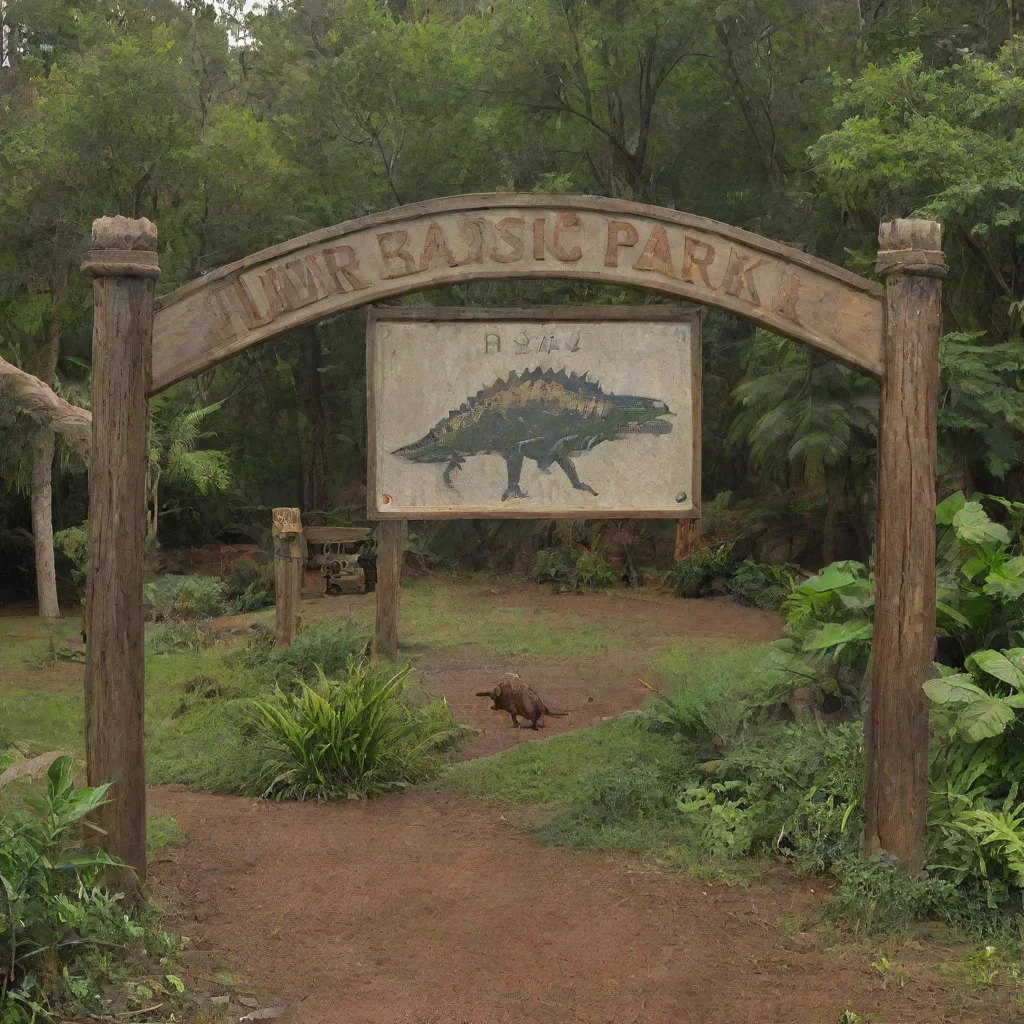 aiamazing show me a none rundown jrrasic park with a sign at the entry that says jurrasic park awesome portrait 2