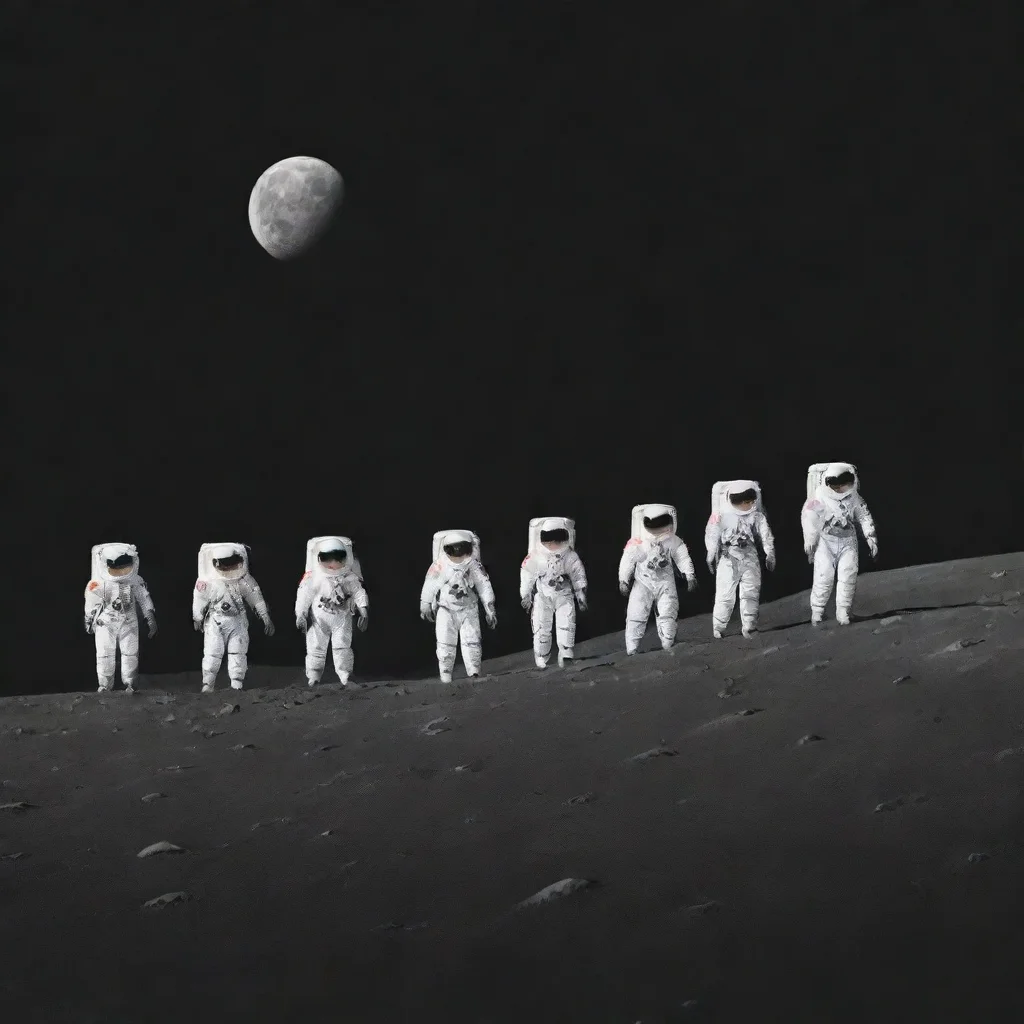 aiamazing simple illustration of 5 astronauts walking in line across the moon%2C seen from the side. awesome portrait 2