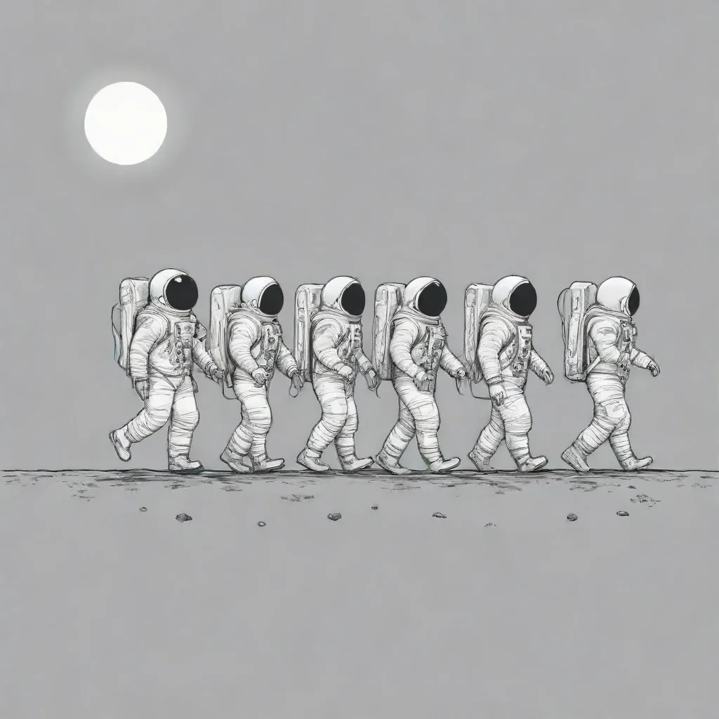 aiamazing simple illustration of 5 astronauts walking in line across the moon%2C seen from the side. style is outline art%2C similar to a comic. white background. awesome portrait 2