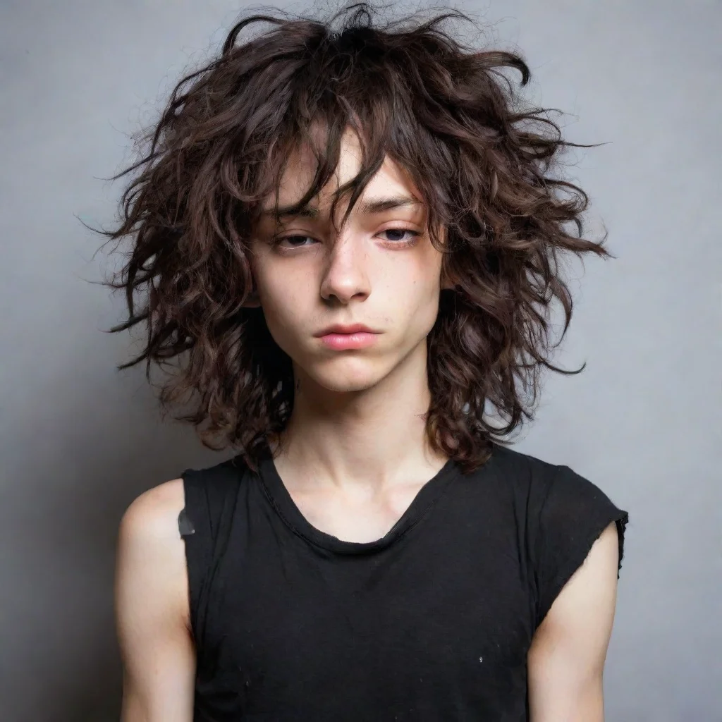 aiamazing skinny emo boy with visible ribs and long messy curly hair covering his eyes awesome portrait 2
