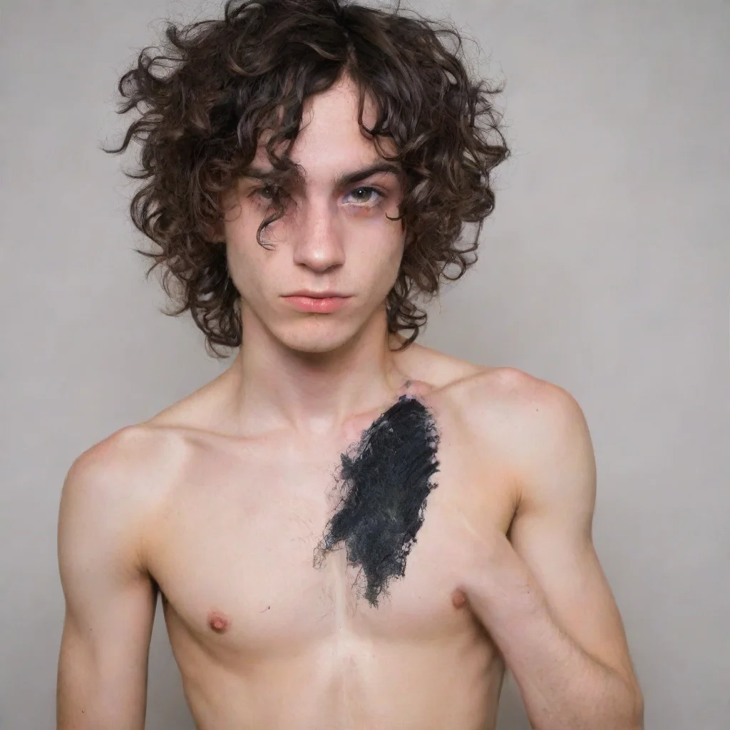 amazing skinny shirtless emo boy with visible ribs  messy curly hair fully covering his eyes awesome portrait 2