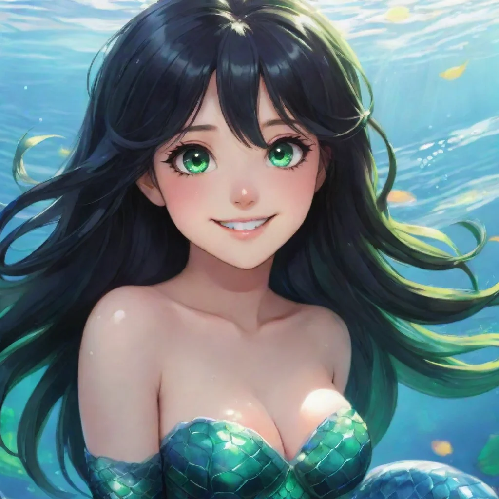 aiamazing smiling anime anime mermaid with black hair and green eyes awesome portrait 2