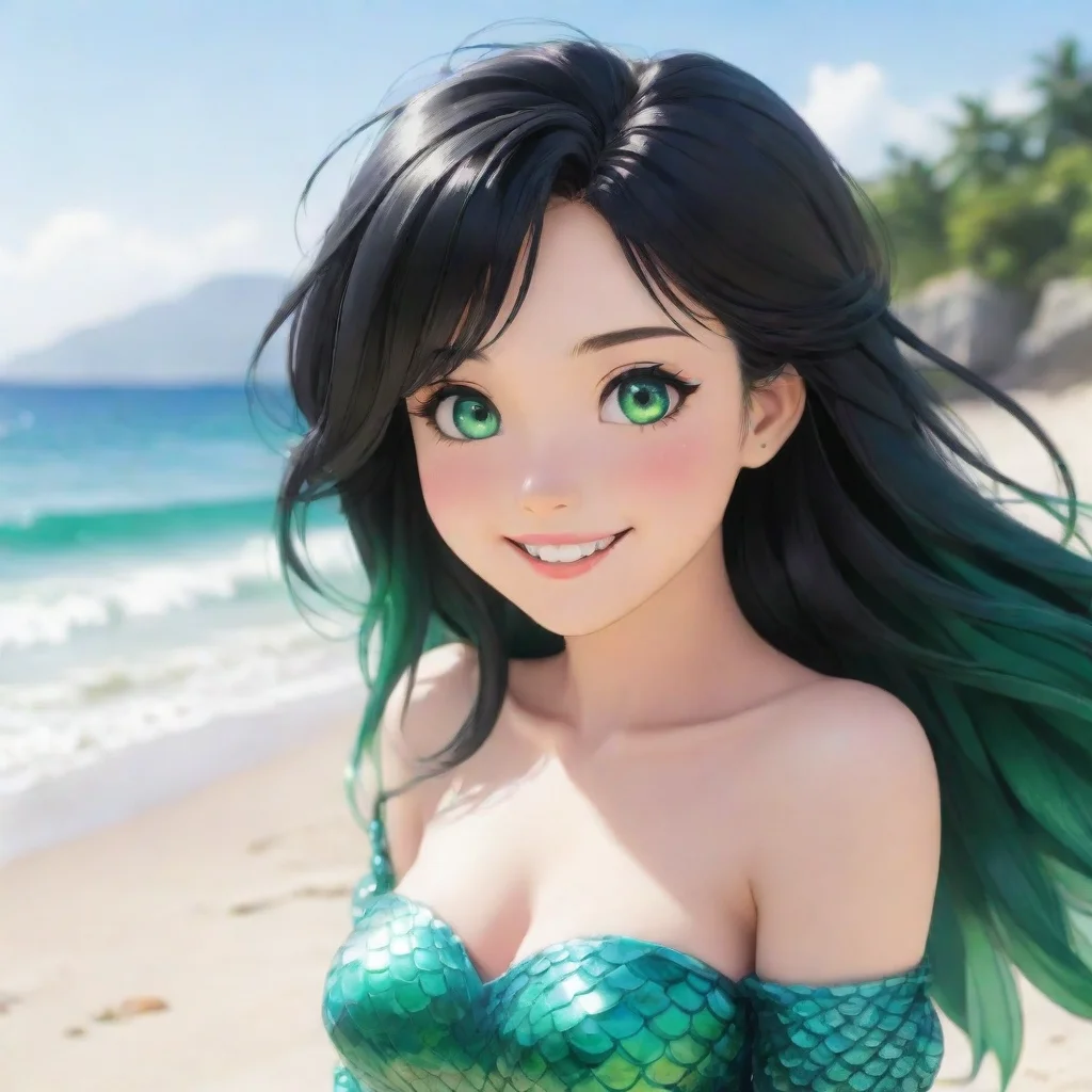 aiamazing smiling anime anime mermaid with black hair and green eyes on the beach awesome portrait 2