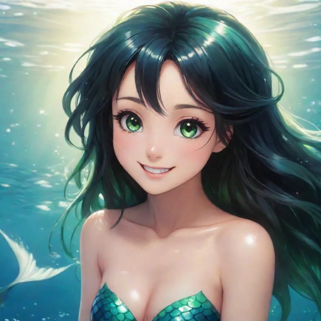 aiamazing smiling anime mermaid black hair green eyes awesome portrait 2